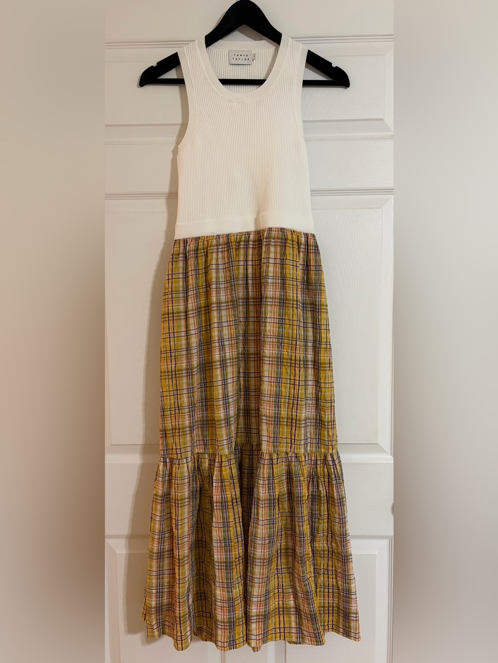 Tanya Taylor Camilla Dress M Plaid Seersucker Knit Bodice Cutout Midi